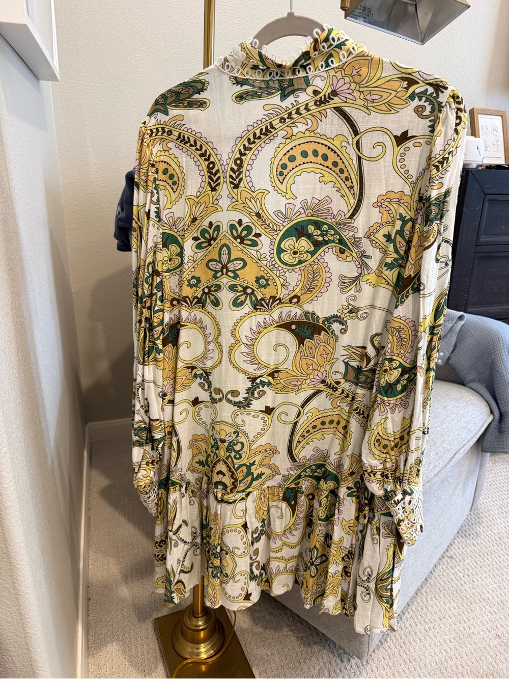 Paisley Print Ruffle Hem Dress in Cream, Yellow & Green